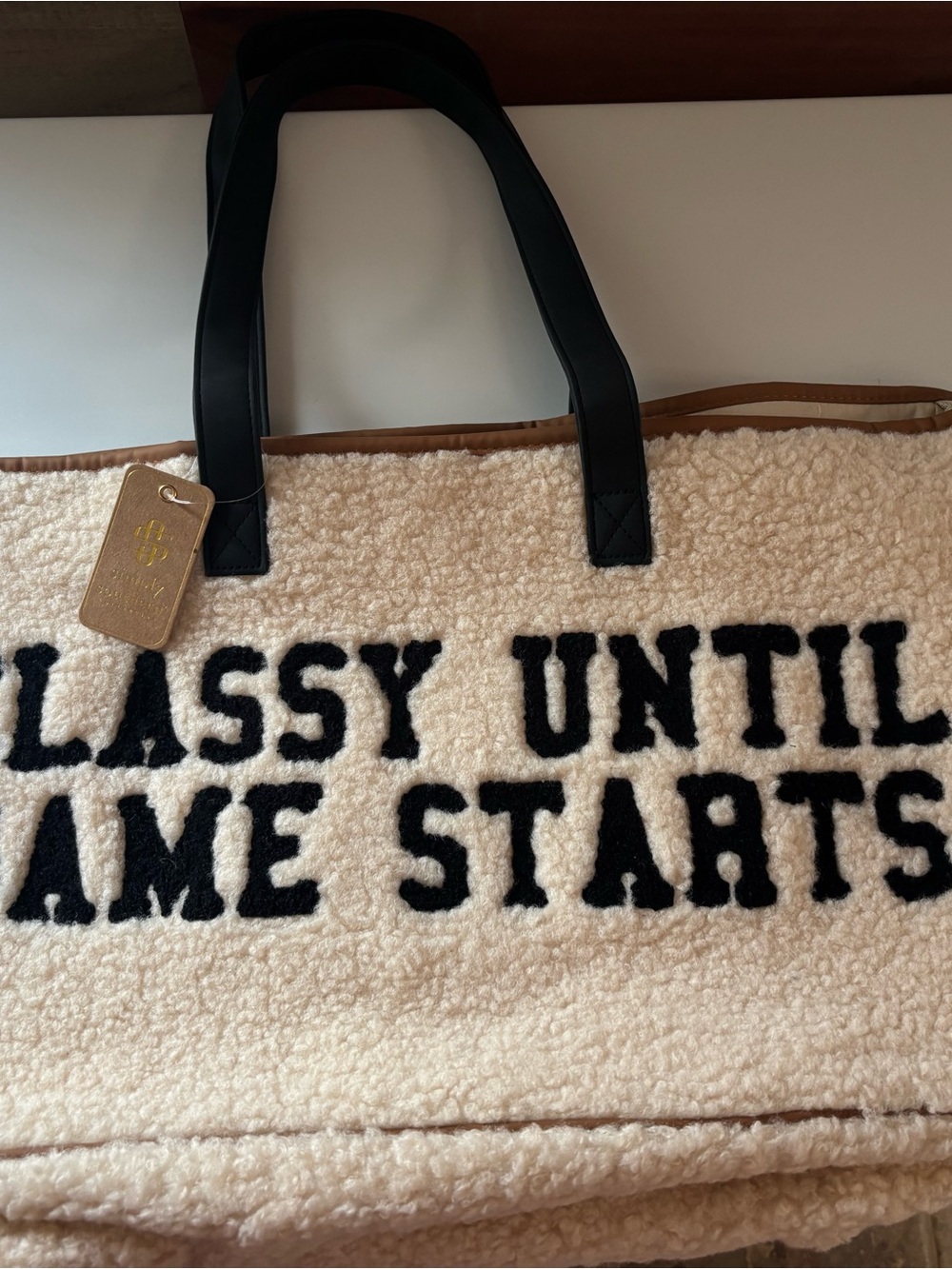 Simply Southern Ivory Sherpa Tote with Black Text and Handles